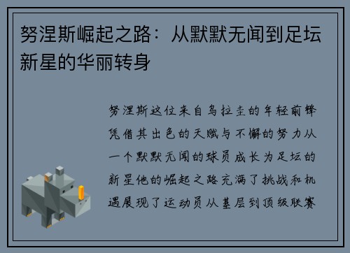 努涅斯崛起之路：从默默无闻到足坛新星的华丽转身